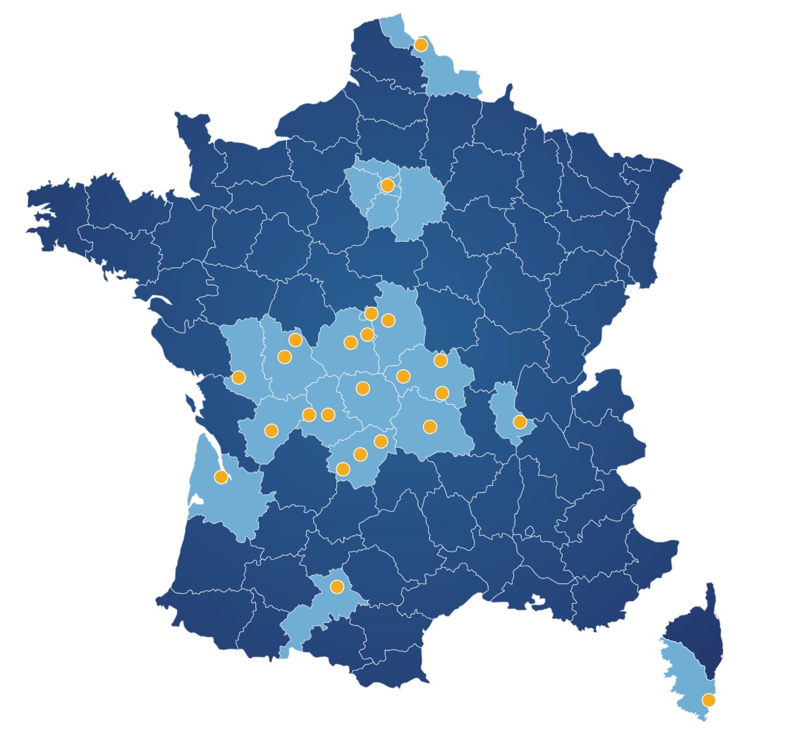 Carte de France montrant la zone d’intervention de l’agence SEO GEO AEO Syou depuis Châteauroux