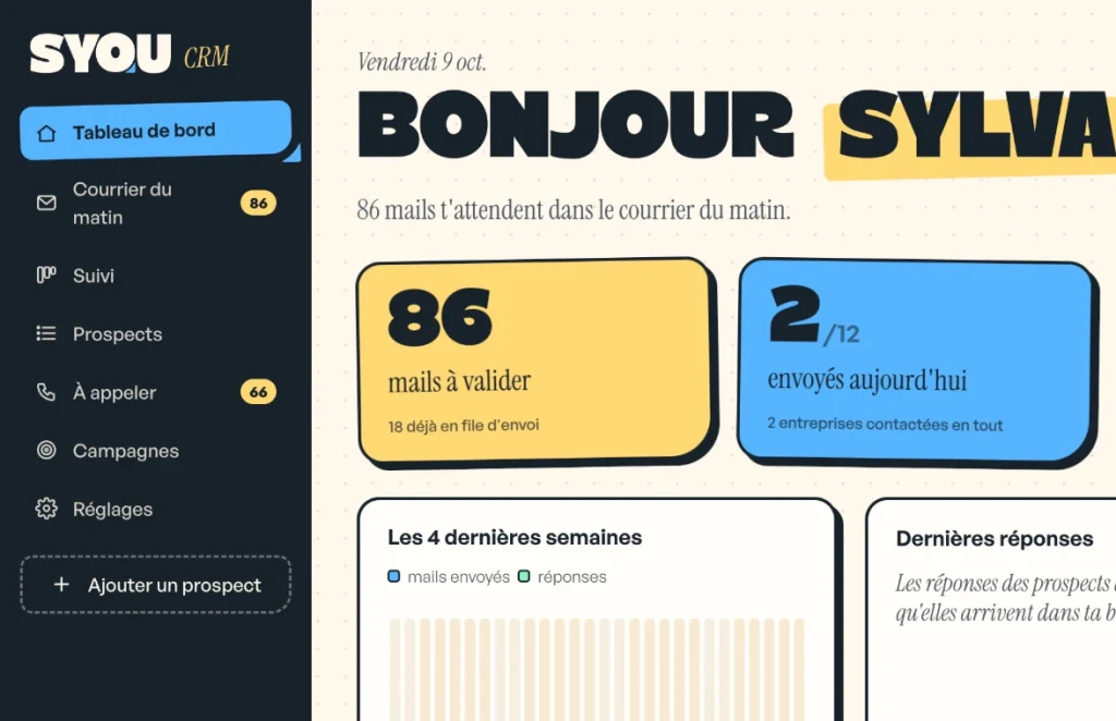 Tableau de bord du CRM de prospection fait maison par Syou : mails à valider et envois du jour