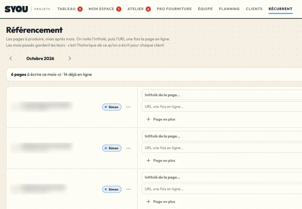 Outil de gestion de projets fait maison par Syou : pages de référencement à écrire ce mois-ci, noms des clients floutés