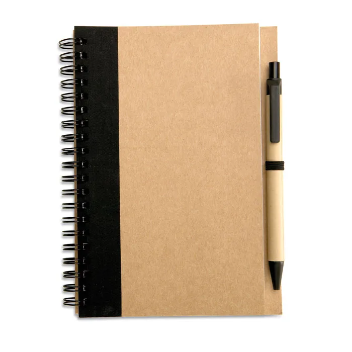 Carnet à spirale recyclé avec stylo, Noir